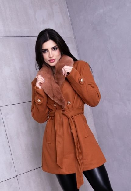 Jaqueta Sobretudo Casaco Inverno Lã Premium Pelinhos Removíveis Alaski  Terracota - Marca Cia do Vestido
