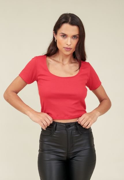 Blusa Pop Me Ribana Canelada Manga Curta Decote Vermelho - Marca Pop Me