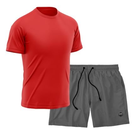 Kit Short   Camiseta Dry Treino Fitness Academia Bermuda Camisa Praia Esporte Vermelho/Cinza - Marca Life
