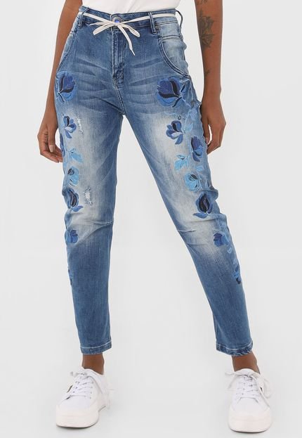 Calça Jeans Desigual Boyfriend Bordada Azul - Marca Desigual