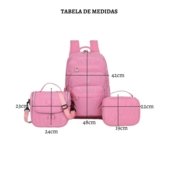 Kit Mochila Reforçada 3pçs Escolar Juvenil Faculdade Espaçosa Resistente Impermeável Notebook Lancheira Estojo Box Necessaire Bolsa Térmica Média - Marca Meimi Amores