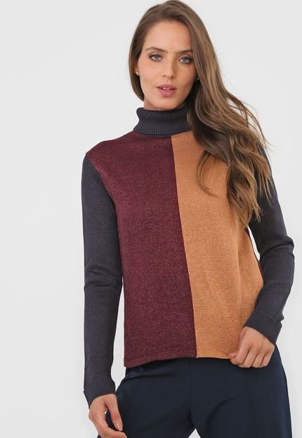 Suéter Tricot Calvin Klein Lurex Color Block Dourado/Vinho - Marca Calvin Klein