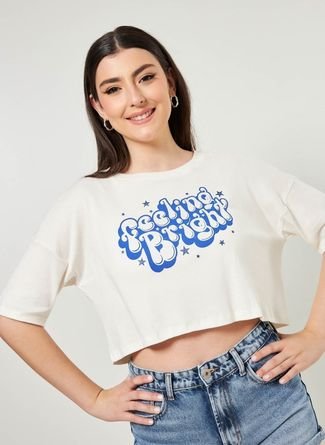 Camiseta Cropped Off-White Escrito Azul