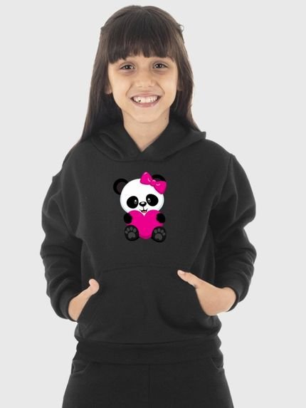 Moletom Canguru Infantil Menina Estampado Panda Preto - Marca Benellys