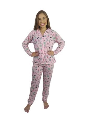 Pijama Feminino Inverno Adulto Americano Longo De Frio Rosa Panda