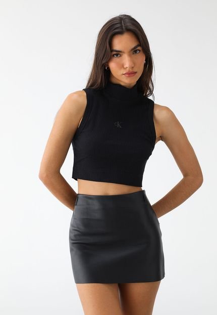 Regata Cropped Canelada Calvin Klein Jeans Ajustada Logo Preta - Marca Calvin Klein Jeans