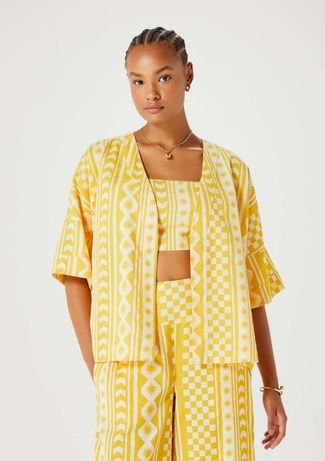 Kimono Feminino Estampado Em Linho - Amarelo