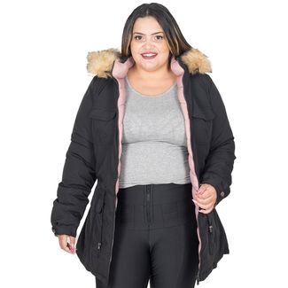 Jaqueta Parka Feminina Dupla Face Nylon Plus Size Com Capuz