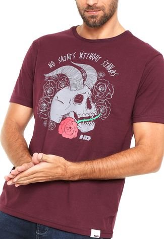 Camiseta HD Skull Roses Vinho
