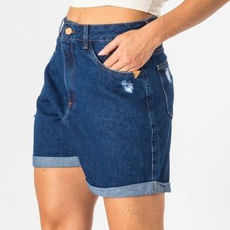 Short Jeans Feminino Desfiado Barra Dobrada Cintura Alta