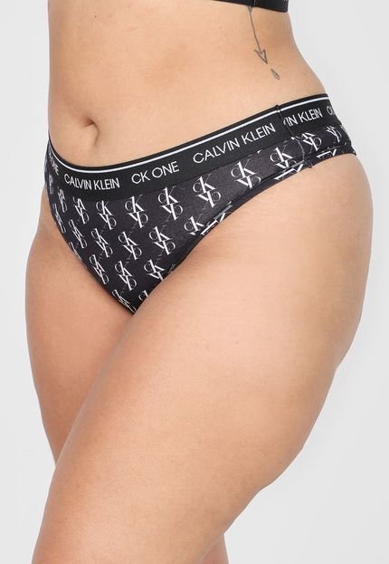 Calcinha Calvin Klein Underwear Plus Size Fio Dental Logo Preta/Branca - Marca Calvin Klein Underwear