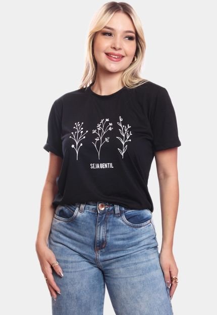Tshirt Blusa Feminina Seja Gentil Estampada Manga Curta Camiseta Camisa Preto - Compre Agora | Dafiti Brasil