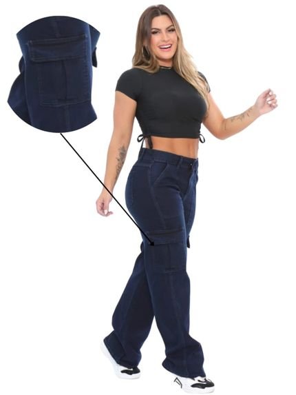 Calça feminina Alleppo Wid Leg Cargo Azul Marinho Lírio - Marca Alleppo Jeans