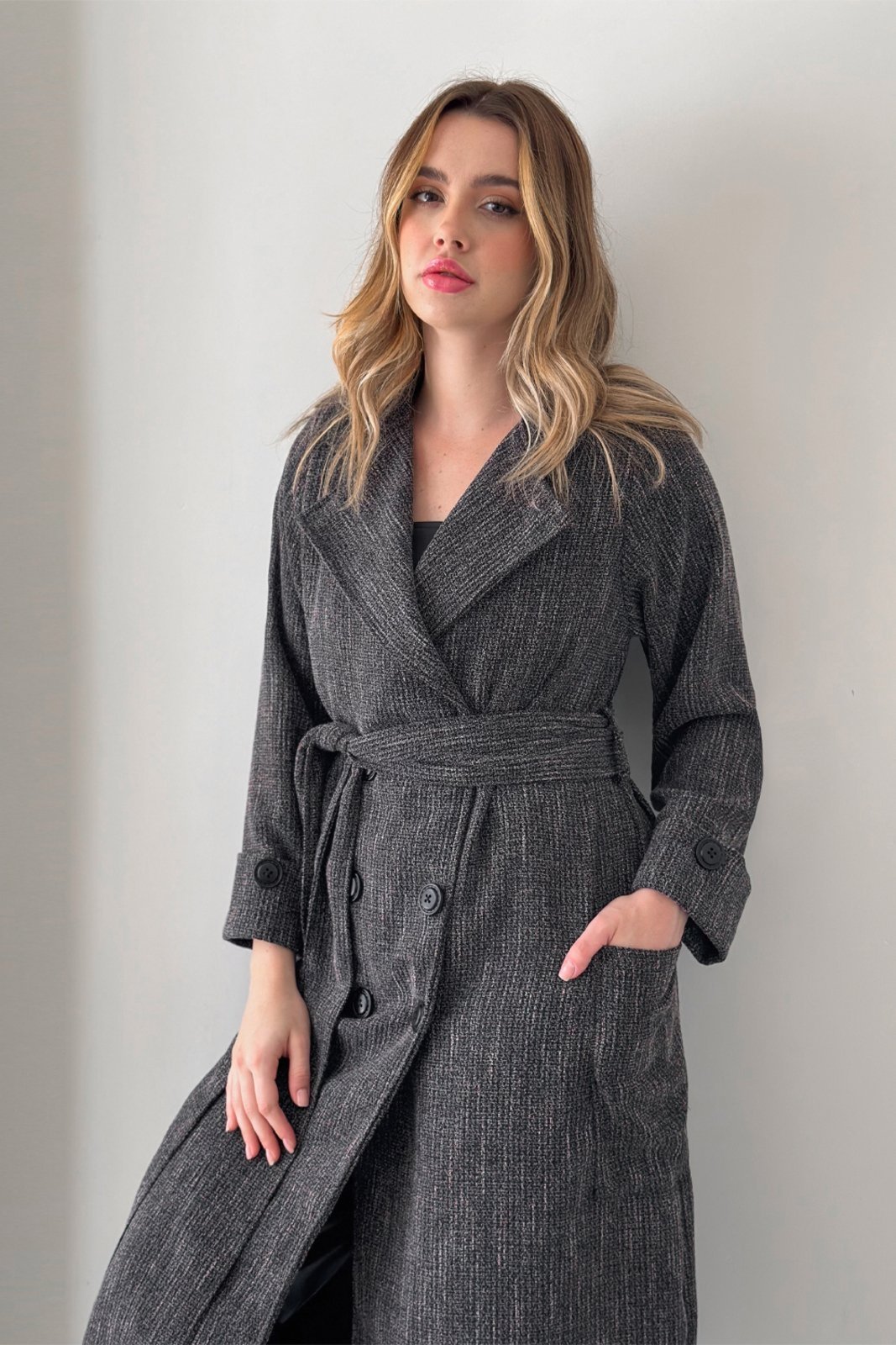 Maxi Coat Montreal Transpassado Tweed Conigli Cinza - Marca CONIGLI DESIGN