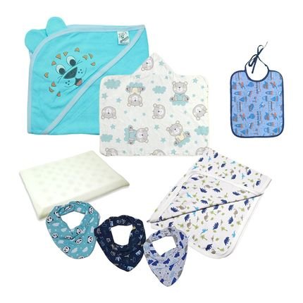 Kit Acessórios Bebê 8 Pças Travesseiro Toalha Cueiro Babador Azul - Marca Koala Baby