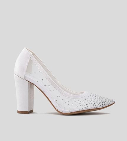 Scarpin Salto Bloco Madeira 10cm Tela Branco com Cristais CBK - Marca CHIBINSKI