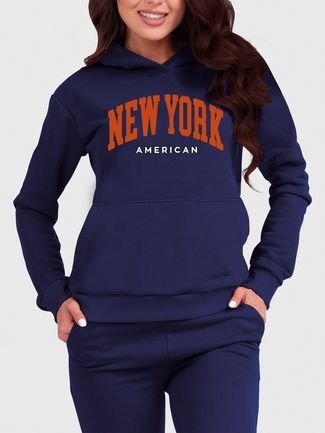 Moletom Canguru Feminino Flanelado com Capuz New York Marinho