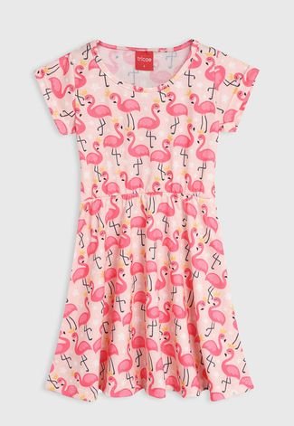 Vestido Manga Curta Tricae Infantil Flamingo Rosa