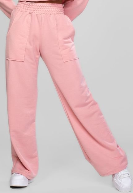 Calça Pantalona Vicbela Cintura Alta Moletinho Wide Leg Rosa - Marca Vicbela