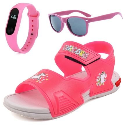 Kit Sandalia Infantil de Led Verão Meninas Papete Unicornio Óculos Relógio - Marca CALCADOS LGHT LIGHT