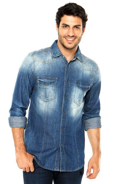 Camisa Jeans Benetton Recortes Azul - Marca Benetton