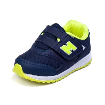Tenis Infantil Masculino Calce Facil Bebê - AS163 Azul Marinho - Amarelo Limão - Marca Mini-Pé