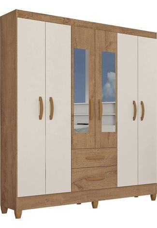 Guarda Roupa Real 6 Portas C/ Espelho Canelatto Rústico/Natura Off White Atualle Móveis