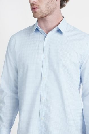 Camisa Reg Tricoline Micro Xadrez Branco Com Azul Claro