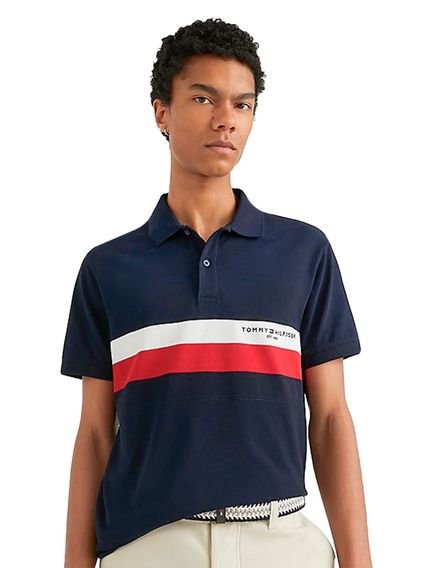 Polo Tommy Hilfiger Masculina Piquet Slim Colourblock Azul Marinho - Marca Tommy Hilfiger