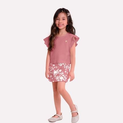 Conjunto Infantil Menina Milon com Cropped em Ribana e Short-Saia em Cotton Rosa - Marca Milon