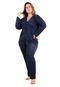 Pijama De Frio Feminino Plus Size Longo Inverno Azul Poa Branco - Marca CIA DA SEDA