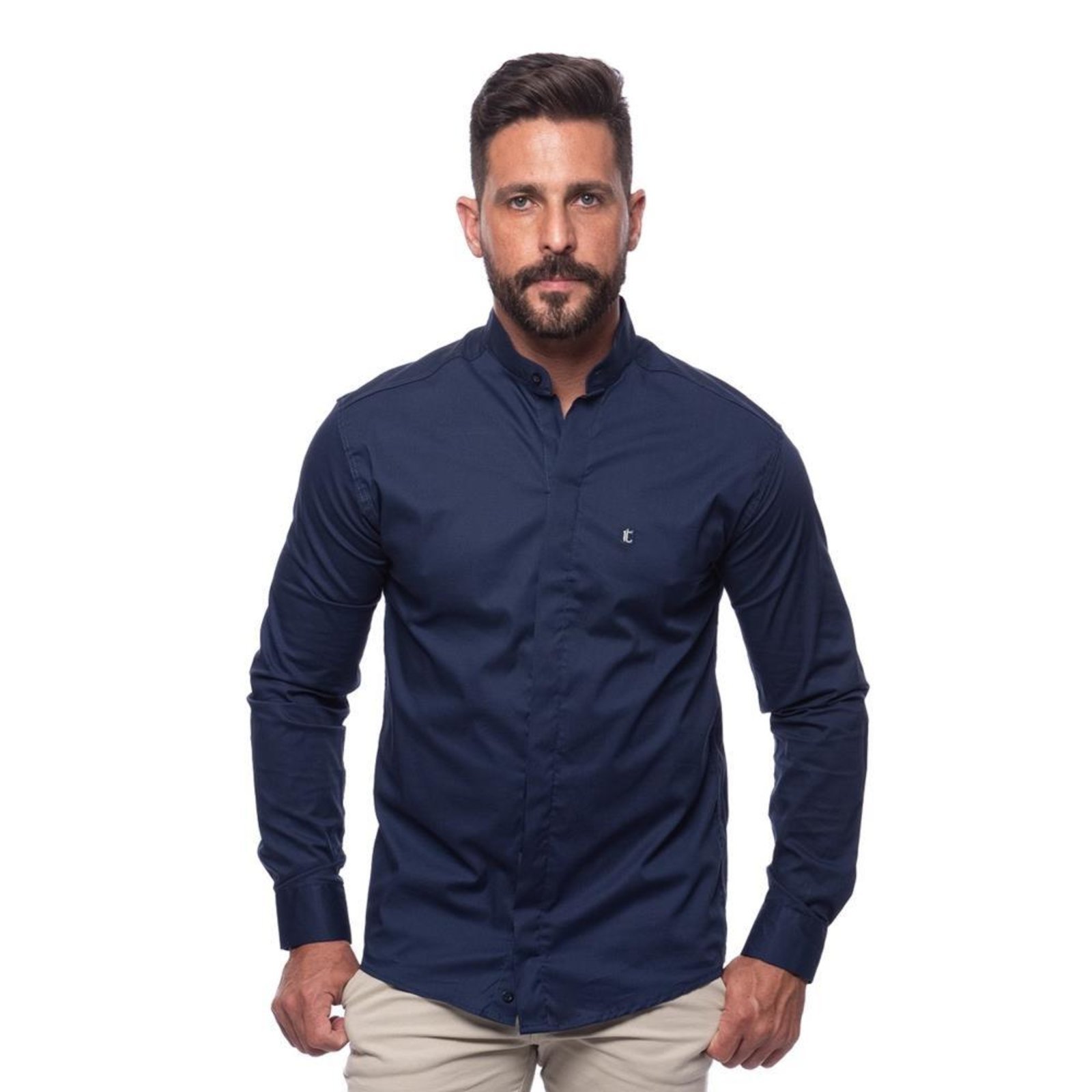 Camisa Masculina Acetinada Gola Padre Manga Longa Elastano Azul Claro G Azul Marinho - Marca TEODORO CAMISARIA