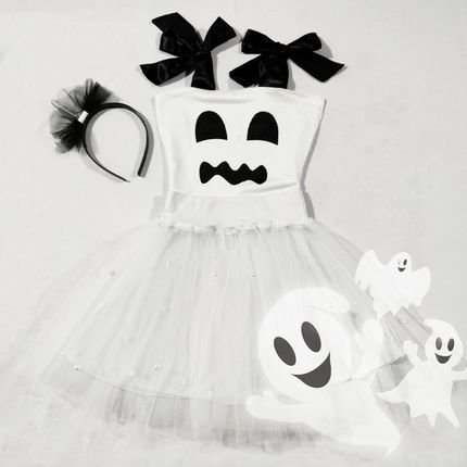 Vestido Infantil Fantasia Menina Halloween Fantasma Tiara - Marca Anjo da mamãe