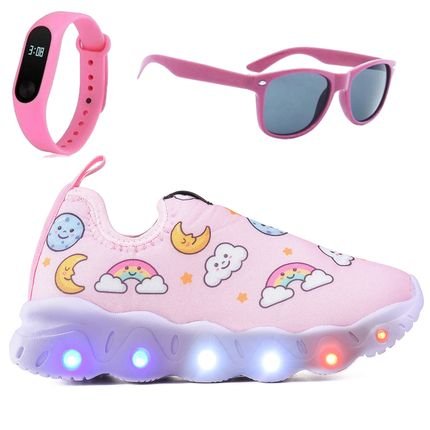 Kit Tênis Infantil de Led Calce Facil Feminino Céu Rosa Casual Óculos Relógio - Marca CALCADOS LGHT LIGHT