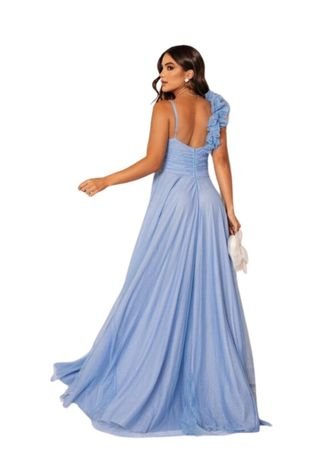 Vestido Longo de Festa Micro Tule Detalhe na Alcinha Marjorie Azul Serenity