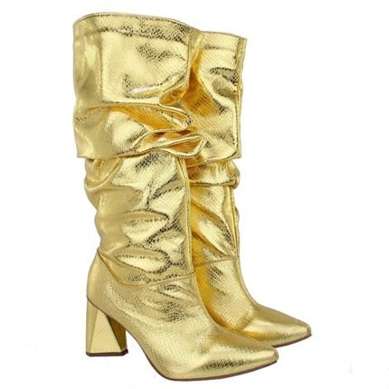 Bota Feminina Slouchy Salto Médio Triangular Cristal Ouro Lançamento - Marca Carolla Shoes