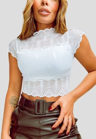 Blusa Cropped YWC ind Gola Alta Renda Feminino Lindo Manga Curta Branco