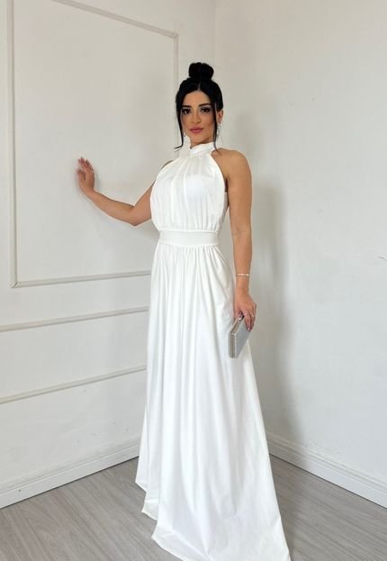 Vestido Longo de Festa Frente Única Elegante Noivas Casamento Civil Noivado Ano Novo  Angelienny Branco - Marca Cia do Vestido