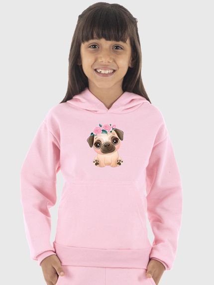 Moletom Canguru Infantil Menina Estampado Dog Pug Rosa Claro - Marca Benellys