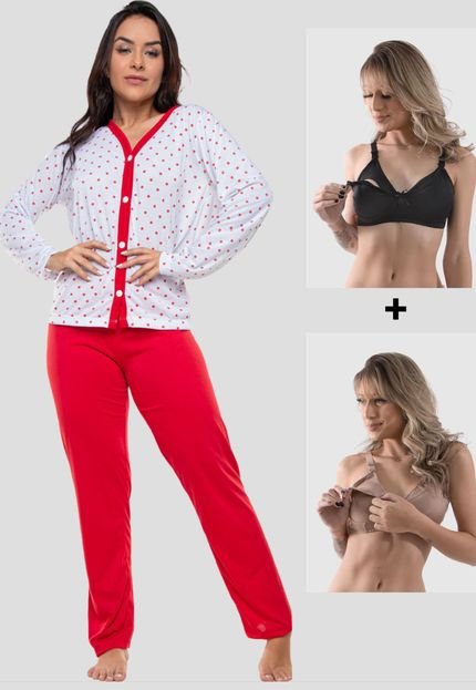 Kit 1 Pijama 4 Estações Com Botão Amamentação Manga Longa Feminino Vermelho   2 Sutiãs Amamentação Preto e Bege - Marca 4 Estações
