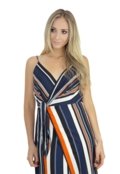 Vestido Liage Longo Estampado Listrado Alça Alcinha Envelope Branco Laranja Azul Claro e  Marinho - Marca Liage