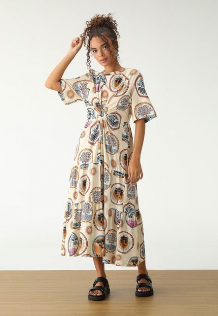 Vestido FARM Midi Janelas do Cerrado Bege - Marca FARM