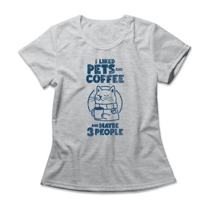 Camiseta Feminina I Liked Pets And Coffee - Mescla Cinza - Marca Studio Geek 