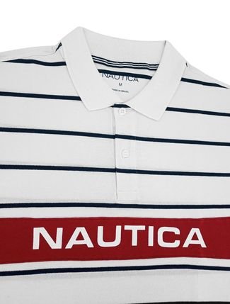 Polo Nautica Masculina Piquet Navy Stripes Block Branca
