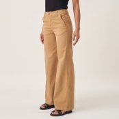 Calça Jeans Color Wide Leg Cintura Alta Elástico Cós Caqui Chique - Marca Bloom