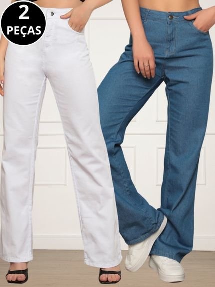 Kit 02 Calças Jeans Wide Leg Pantalona Feminina Branca e Médio - Marca CKF Wear