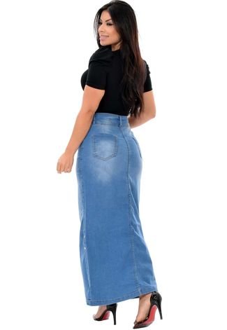 Saia Longa Jeans com elastano - EWF Jeans - Abertura nas laterais - Azul Claro