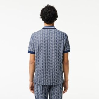Camisa Gola Polo em Contraste Ajuste Clássico com Estampa de Monograma Azul Marinho