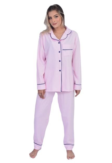 Pijama Americano Longo De Frio Moletinho Flanelado Botões Inverno Rosa - Marca CIA DA SEDA