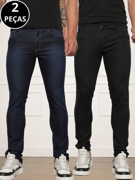 Kit 02 Calças Jeans Skinny Masculina Azul Escuro e Preto - Marca CKF Wear